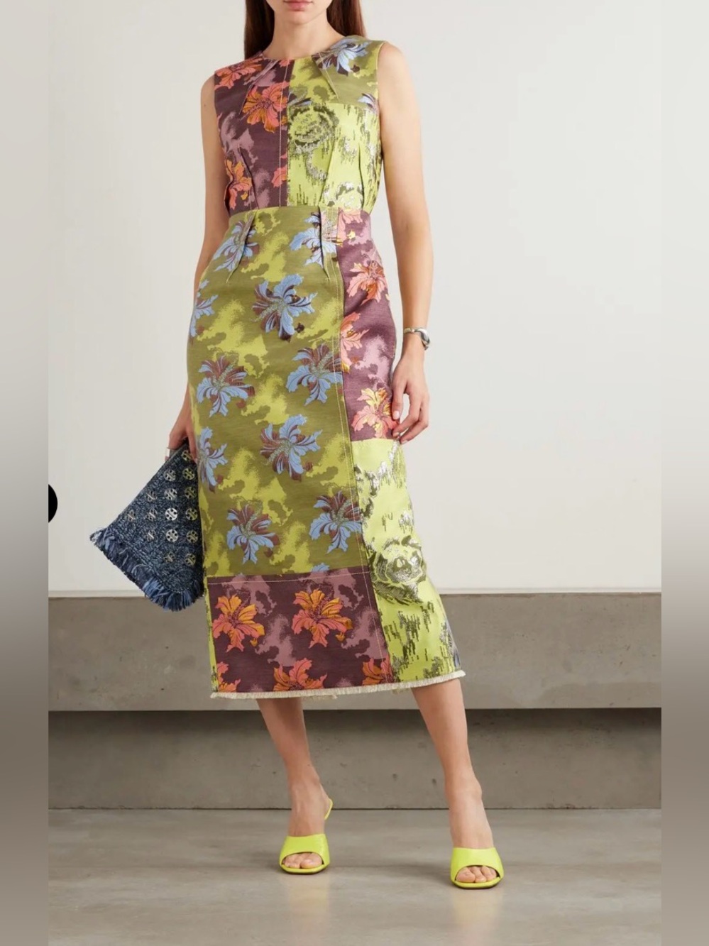 Alemais Patchwork Floral Midi Dress in Lime Green and Mauve